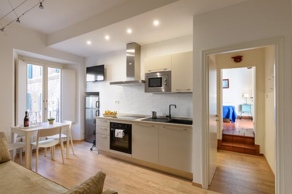 Grand Apartment with Garden | Cocina privada | Frigorífico grande, microondas, horno y placa de cocina