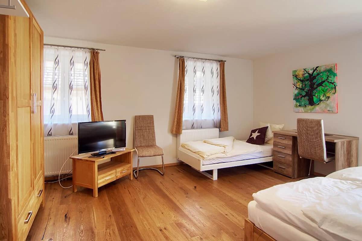 Une chambre d’hôtel avec un plancher en bois, un lit, un bureau avec une chaise, une télévision et un tableau au mur.