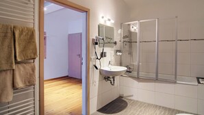 A modern bathroom with a shower, sink, and a mirror.