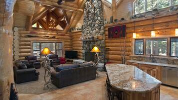 Luxury Cabin, 4 Bedrooms (4 Bedrooms) | Living area | Flat-screen TV, fireplace, DVD player