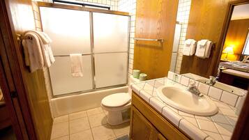 A bathroom with a shower, toilet, sink, and mirror.