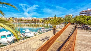 Una marina con barcos amarrados, un paseo marítimo de madera y edificios al fondo.