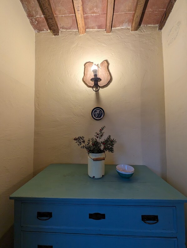 Une petite pièce avec un luminaire, une plante en pot et un bol posé sur une commode.