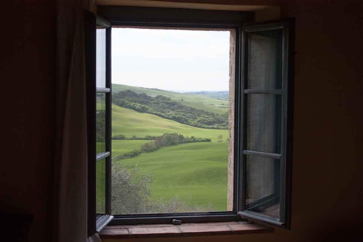 A window with an open view of a green landscape.