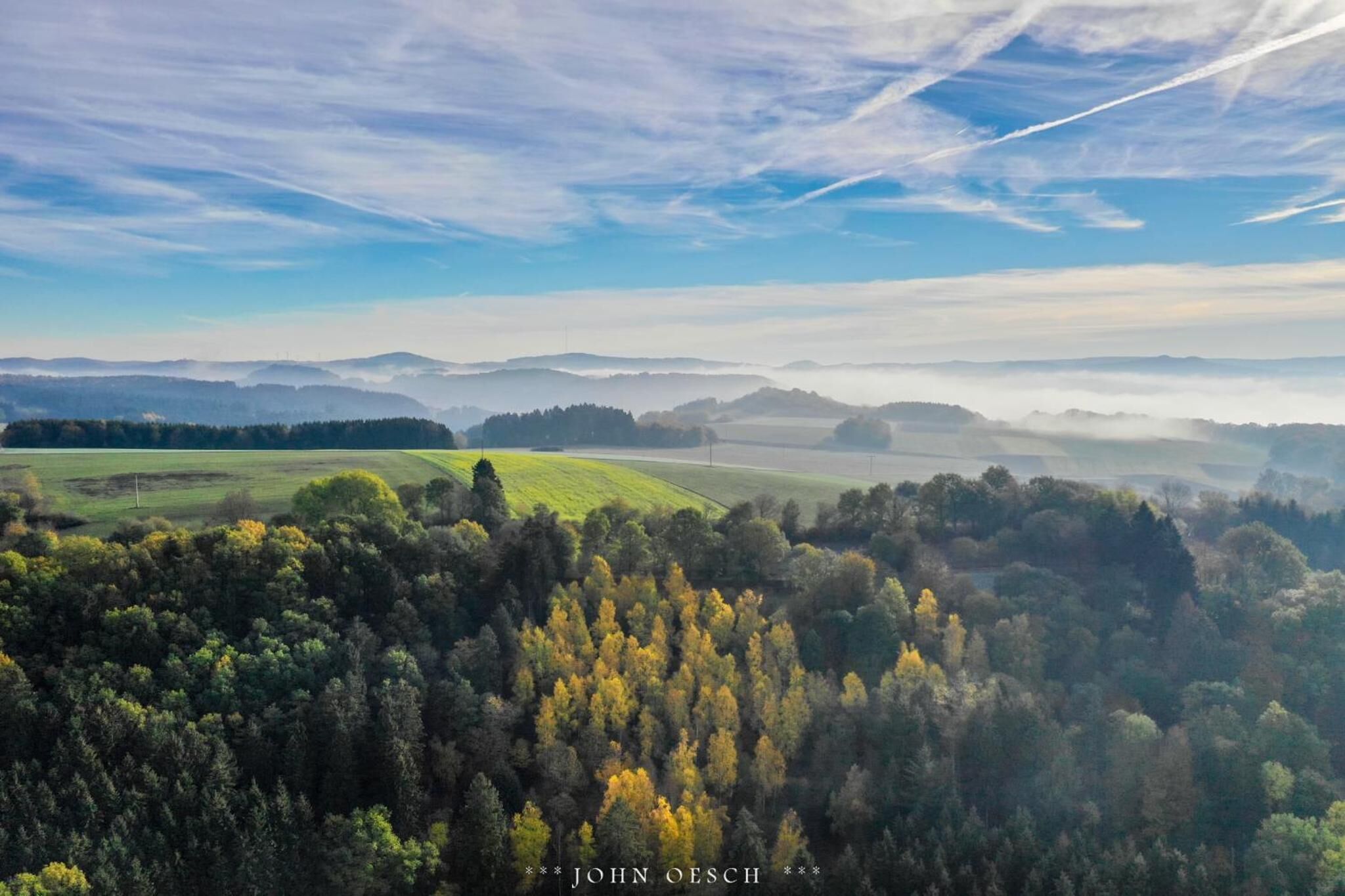 Vista panorámica de un paisaje boscoso con colinas onduladas y cielo despejado.