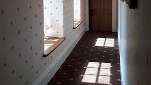 A hallway with patterned wallpaper, a wooden door, and a ceiling light fixture. - Hallgreen castle (Montrose)
