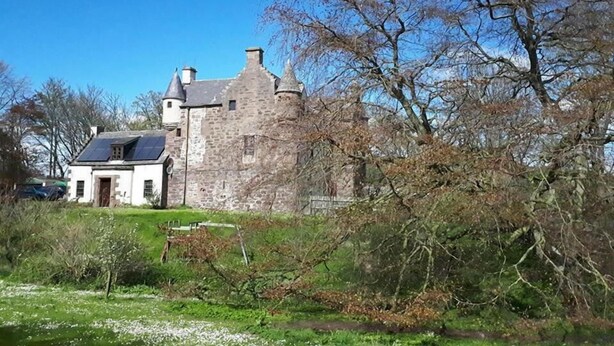 A stone castle with a white building in front, surrounded by trees and grass. - Hallgreen castle (Montrose)