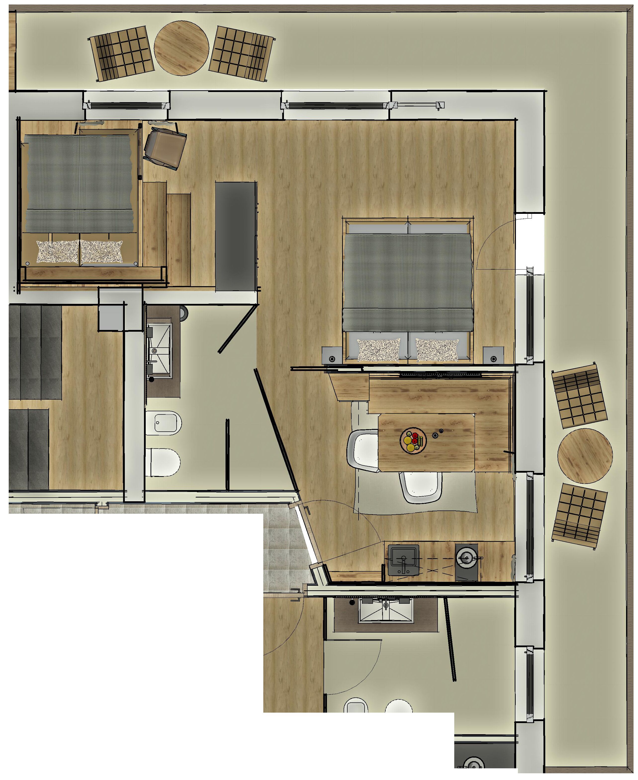 Plano de distribución de una habitación de hotel que incluye una cama, un escritorio, una silla, una mesita, un sofá y un baño.