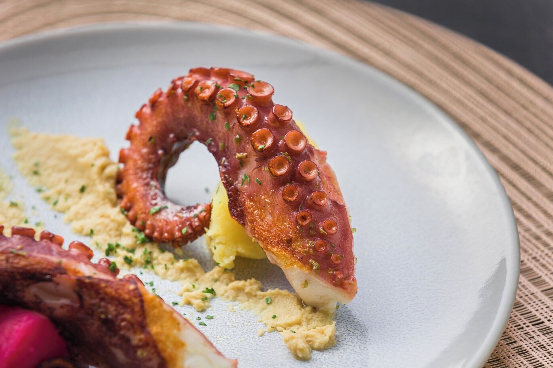 A plate with octopus tentacles, scrambled eggs, and radishes.