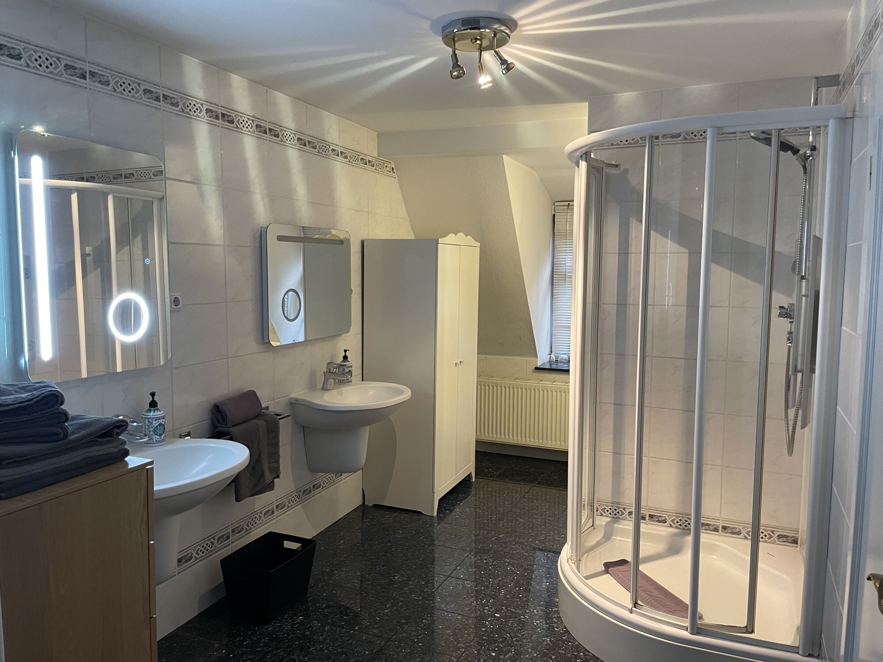 A modern bathroom with a glass-enclosed shower, a sink, a mirror, and a towel rack.