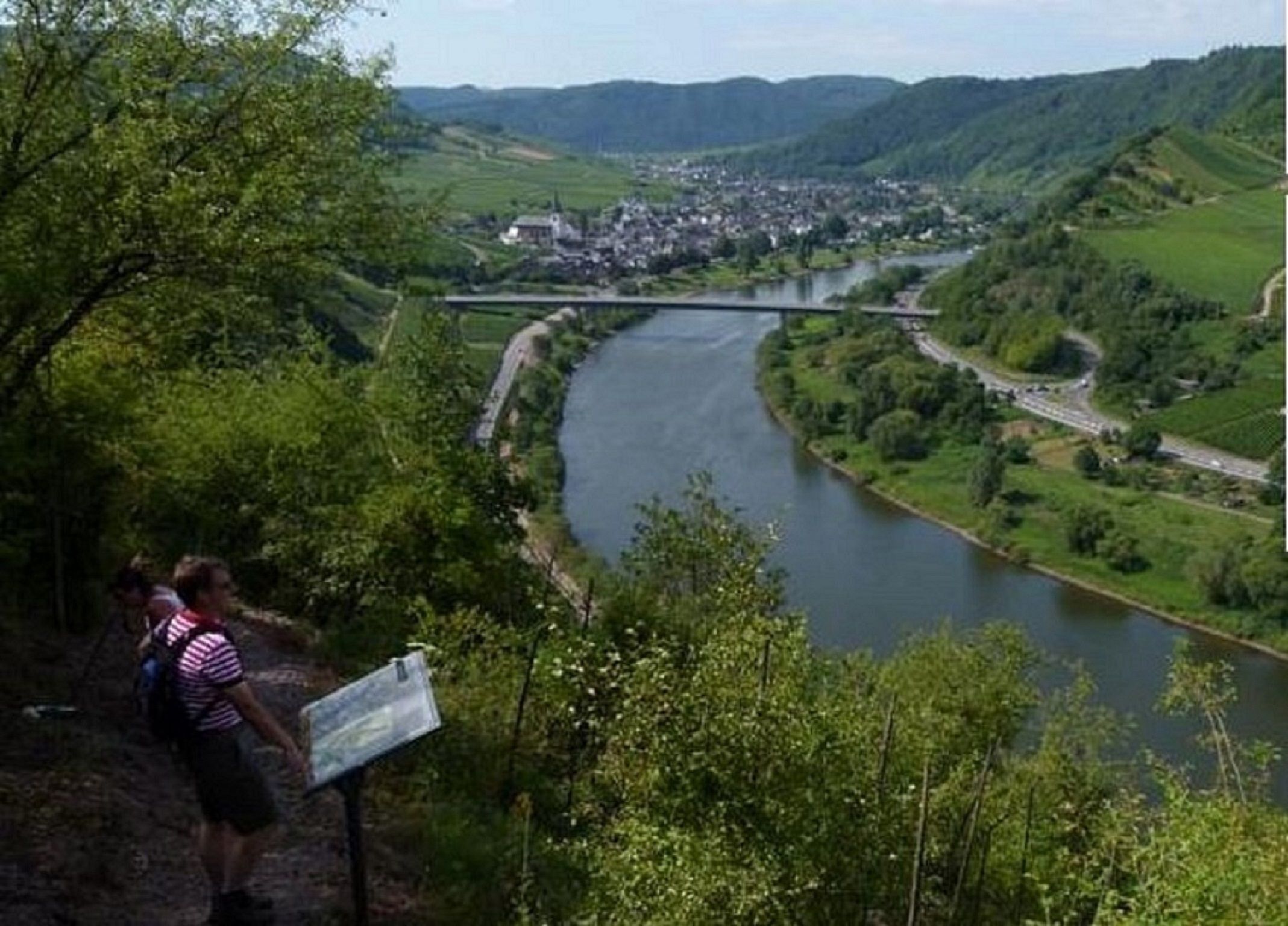 Un río con un puente, rodeado de vegetación y un pueblo al fondo.