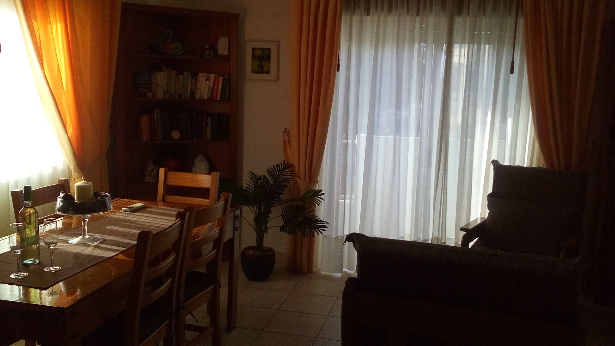 A dining area with a wooden table set for two, a bookshelf, and a potted plant.