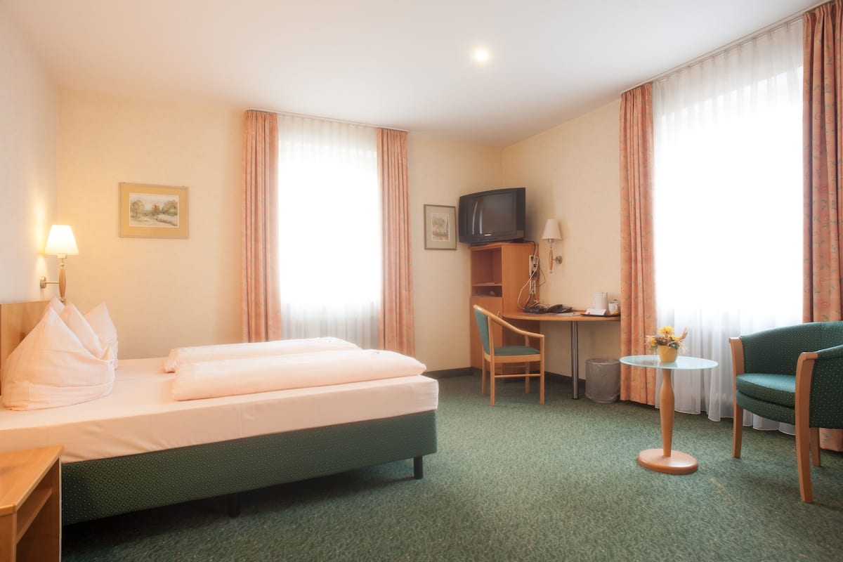 Habitación de hotel con cama, escritorio y silla, televisor y una pequeña mesa con una planta.