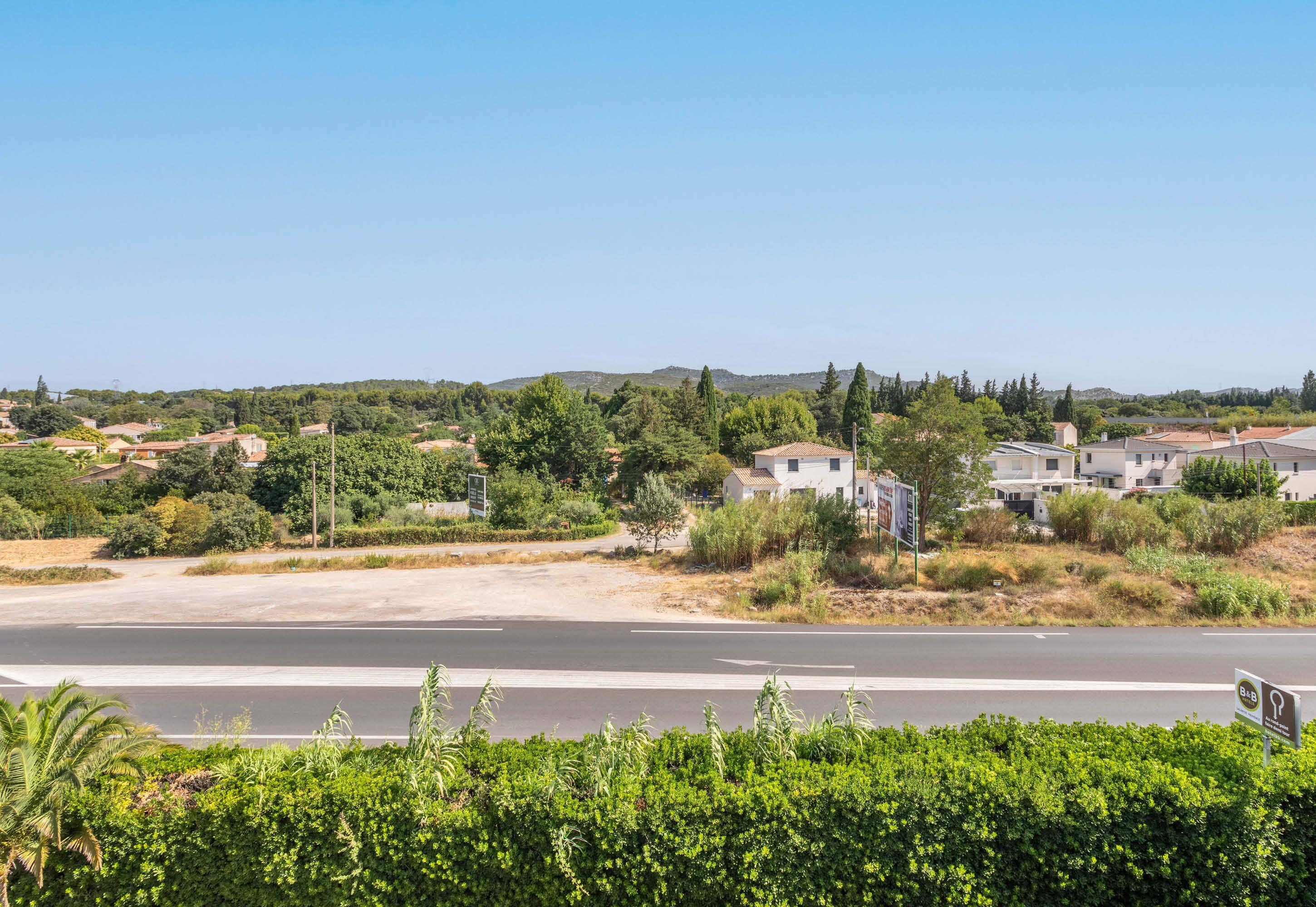 Uma área residencial com casas, uma rua e vegetação.