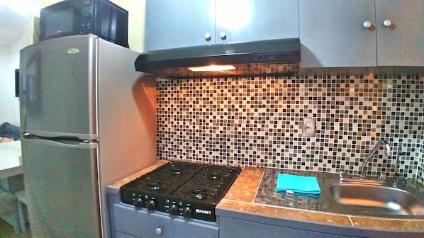 Fridge, microwave, stovetop, cookware/dishes/utensils