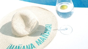 A pool with a metal ladder, a straw hat with "IMANANA" embroidered, and a glass with a lemon slice. - Villa Casa Blanca (Costa Adeje)