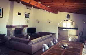 Fernseher, Kamin, DVD-Player, Bücher