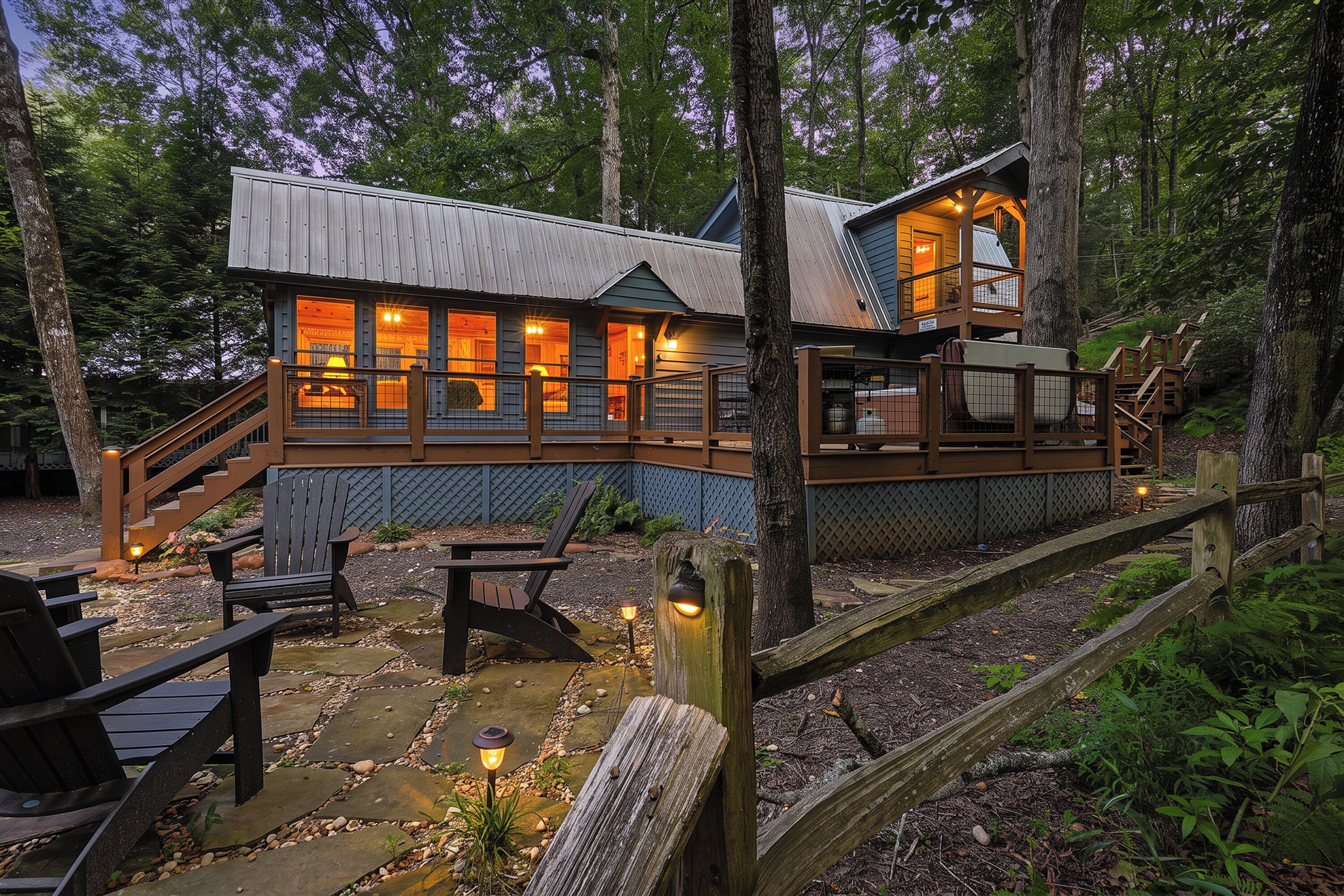 A cabin with a deck, outdoor seating, and a staircase leading to the entrance.