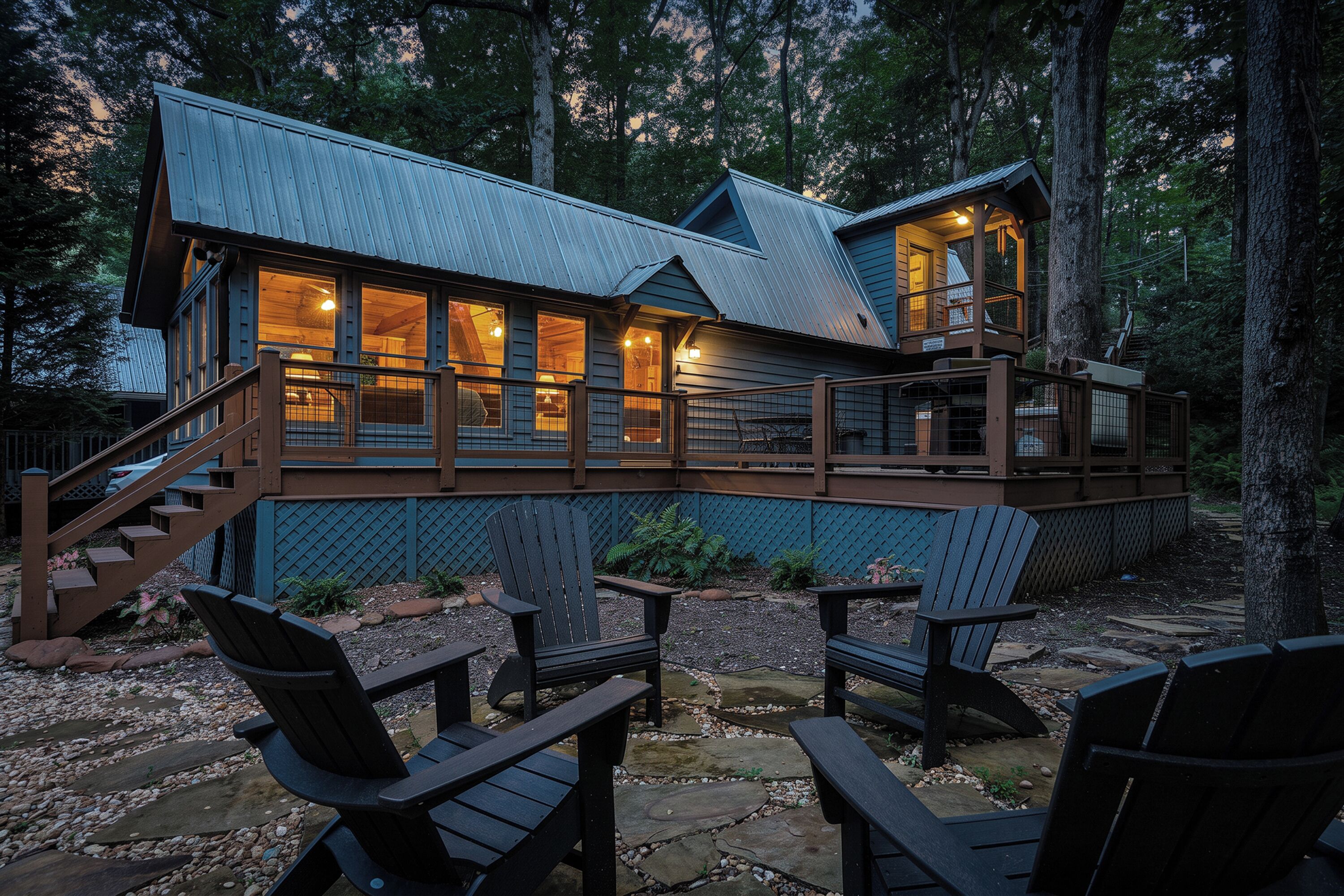 A cabin with a deck, wooden stairs, and outdoor seating.