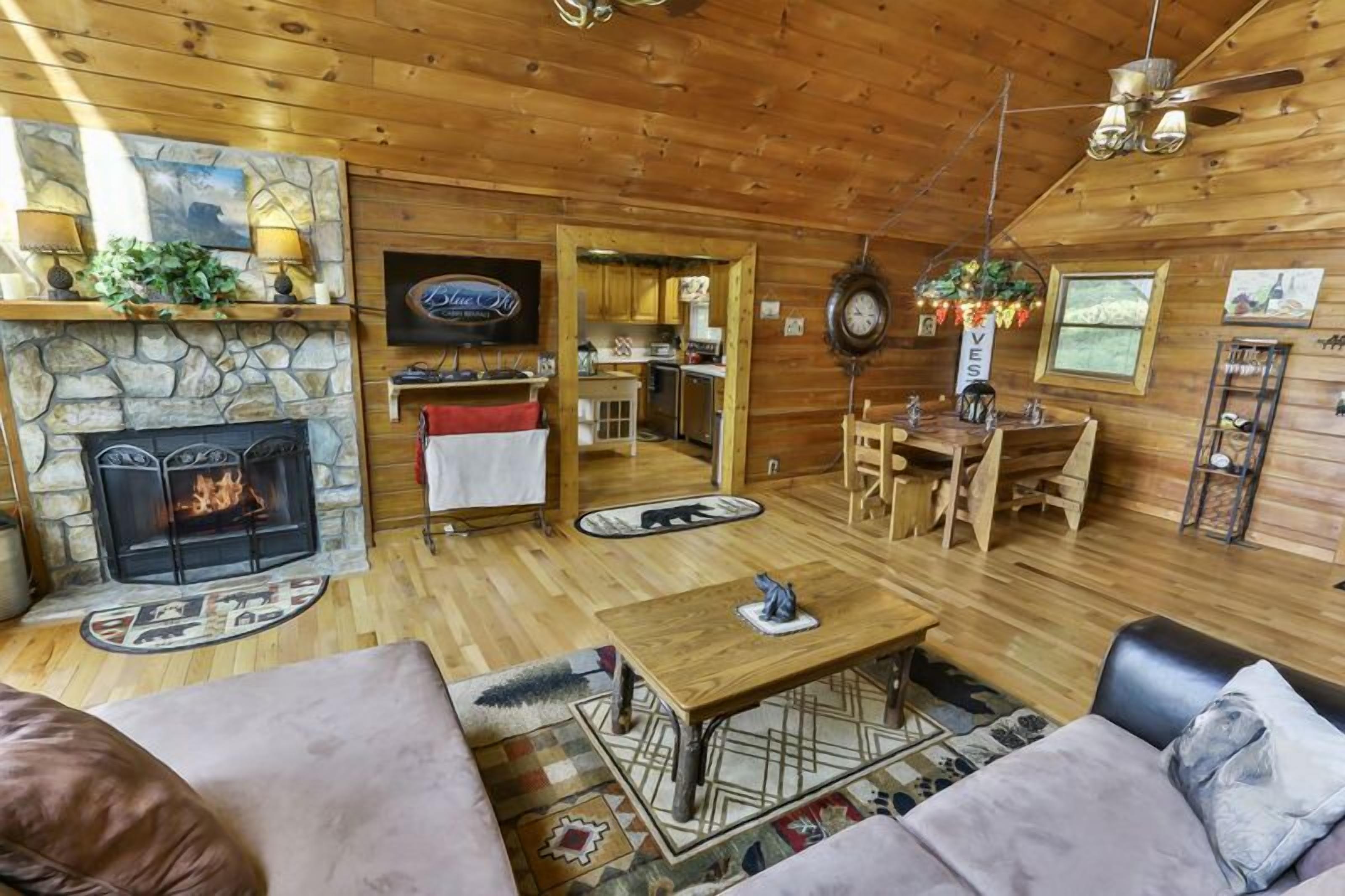 Smart TV, chimenea, reproductor de DVD y libros 