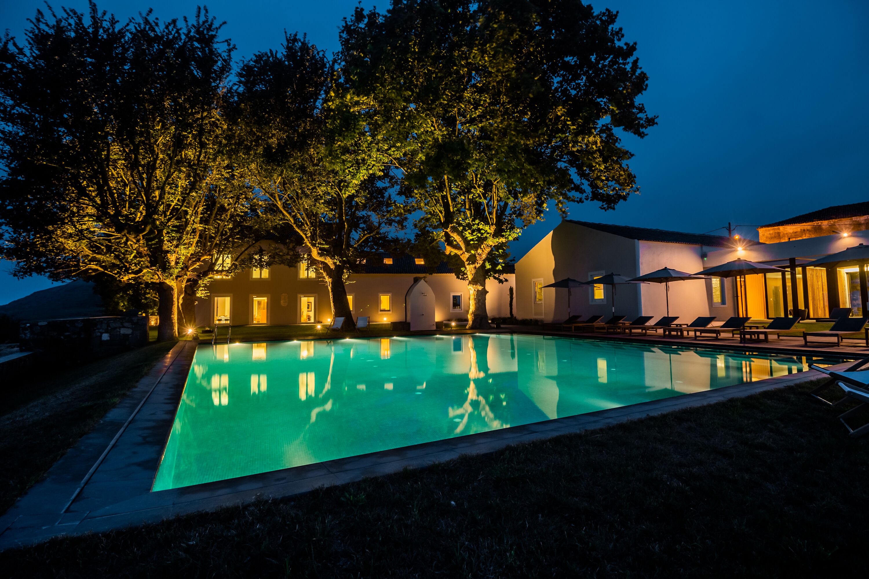 A swimming pool with lounge chairs and umbrellas, surrounded by trees and buildings with illuminated windows.