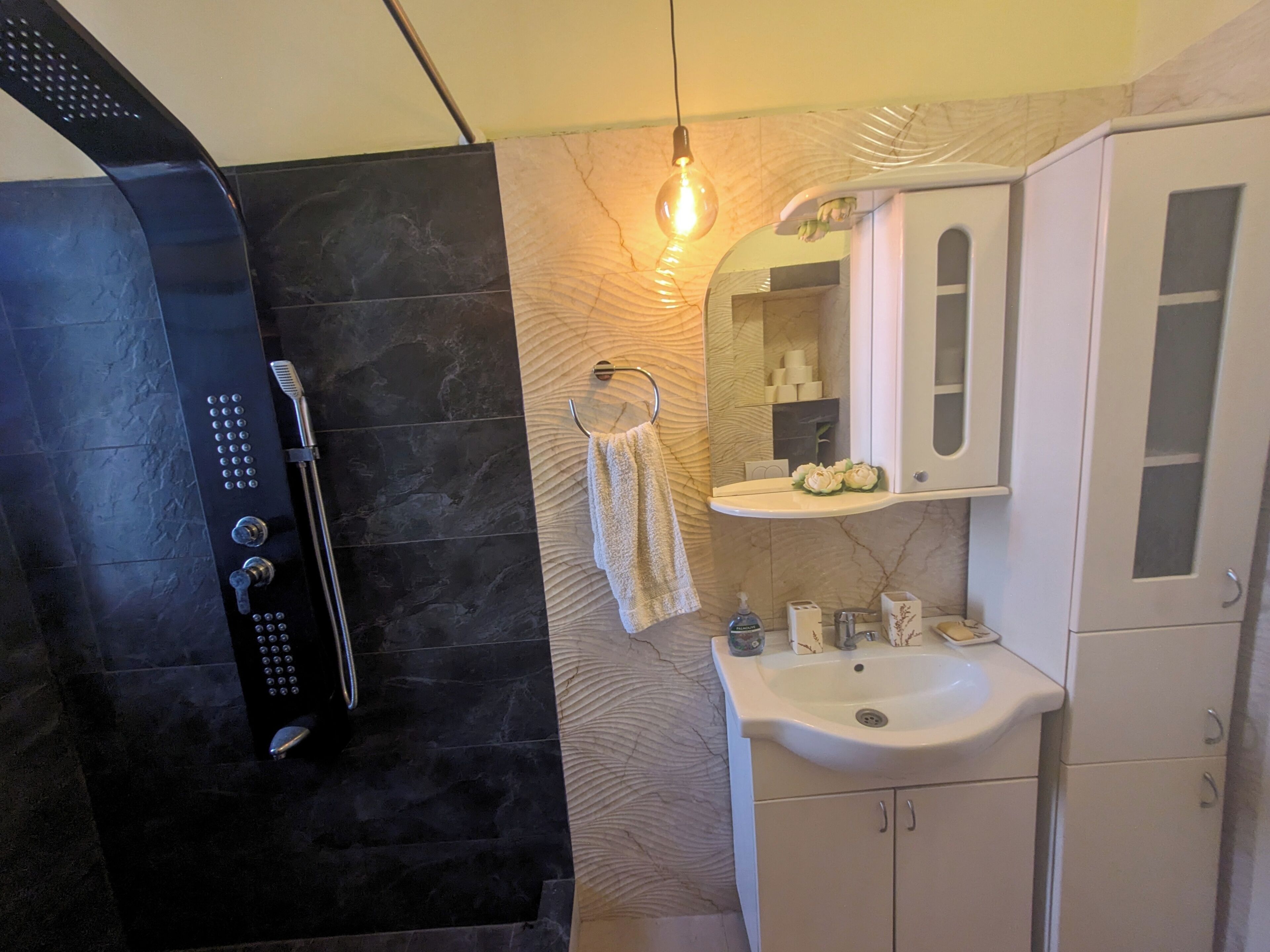 Hair dryer, towels, soap, shampoo