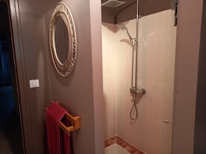 Douche, séchoir à cheveux, serviettes fournies, savon