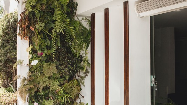 A modern hotel entrance with a vertical garden, a tiled floor, and a reception area. - Ouro Cerrado Palace Hotel (Patrocinio)