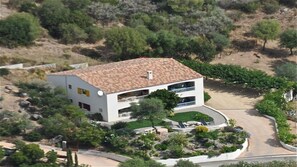 Uma casa de dois andares com telhado de telhas, cercada por um jardim bem cuidado com diversas plantas e uma entrada para carros.
