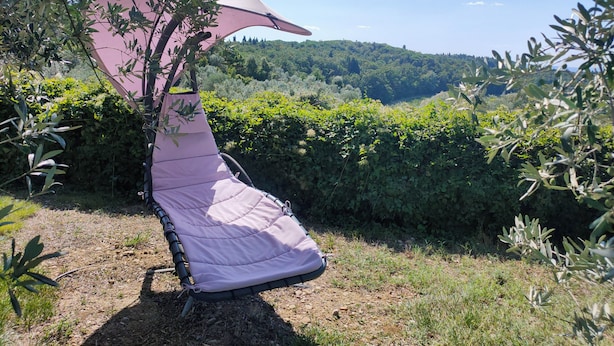 Una poltrona amaca con tenda in un ambiente naturale.