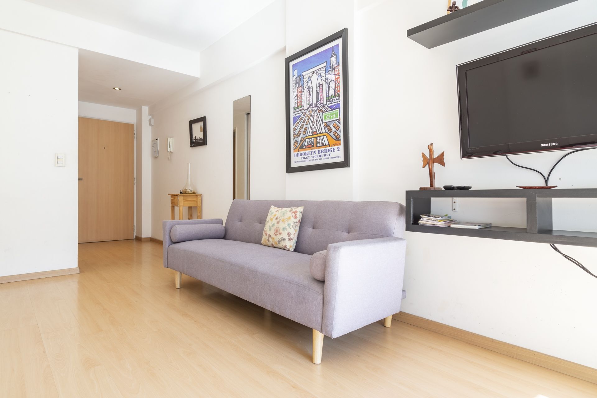 A modern living room with a grey sofa, a flat-screen TV on a black stand, and a framed artwork above the sofa.