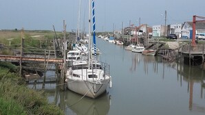 Un port de plaisance avec des bateaux amarrés, une plage de sable et un ciel dégagé.