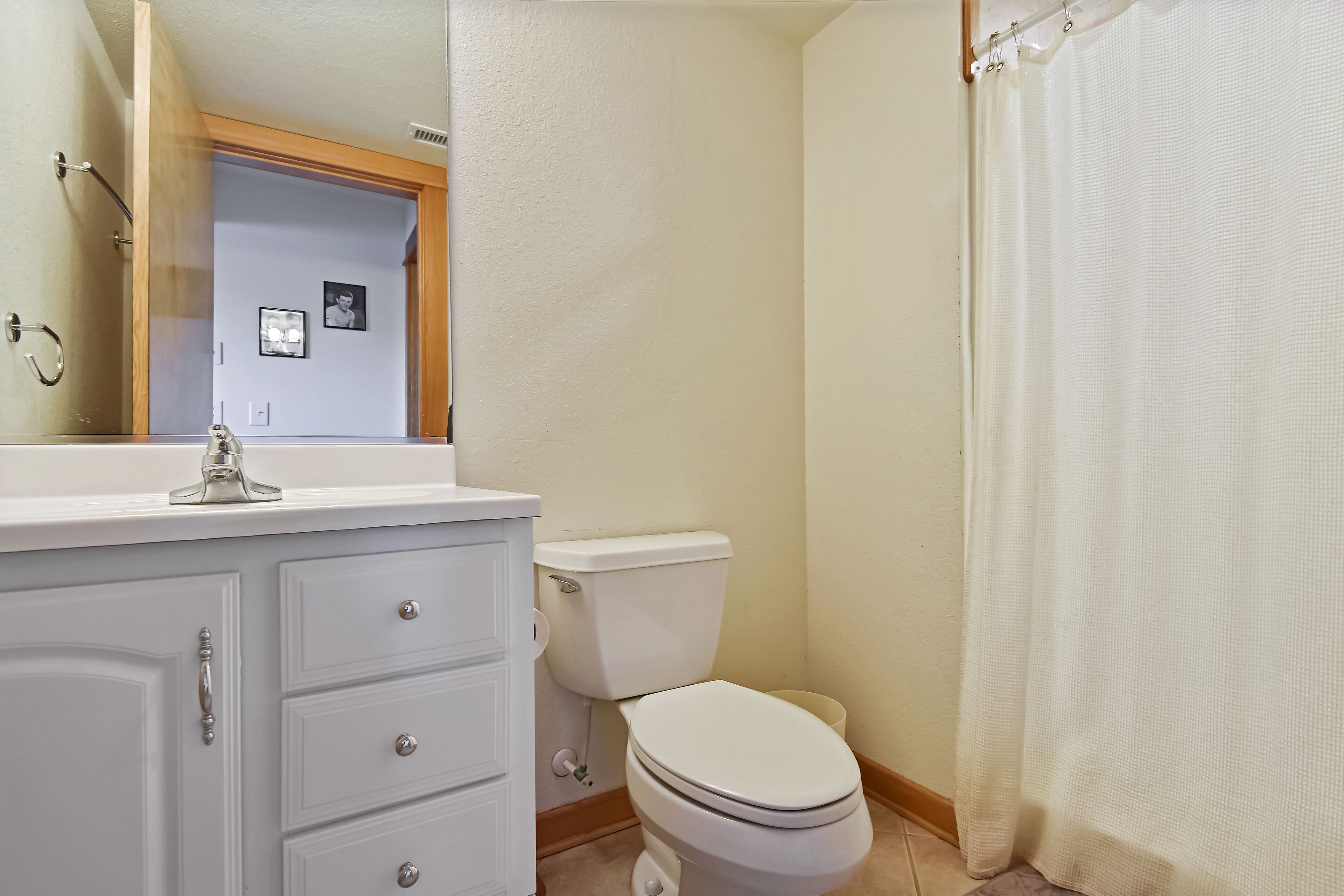 A bathroom with a white vanity, a toilet, and a shower curtain.