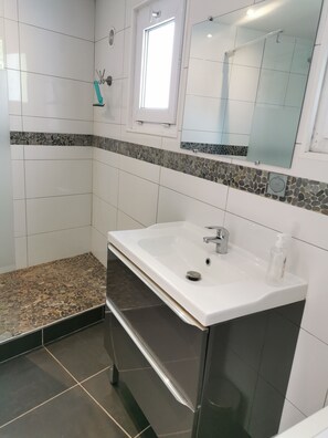 Ducha, secador de pelo, toallas y papel higiénico