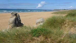 Una spiaggia con una grande formazione rocciosa e dune erbose.