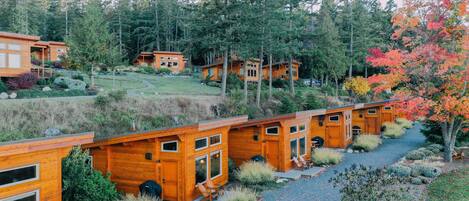 A row of wooden cabins with large windows and doors, surrounded by a landscaped garden with various plants and trees.