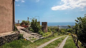 Un chemin de pierre mène à une terrasse agrémentée de plantes en pot et offrant une vue sur la mer.