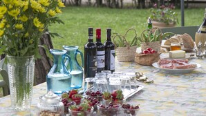 A table set outdoors with wine bottles, glasses, fruits, and cheeses.