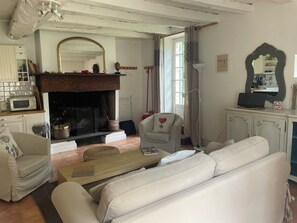 TV, caminetto, tavolo da ping pong, libri