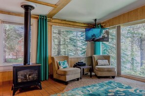 A cozy living room with a wood-burning stove, two armchairs, a television, and large windows offering a forest view.