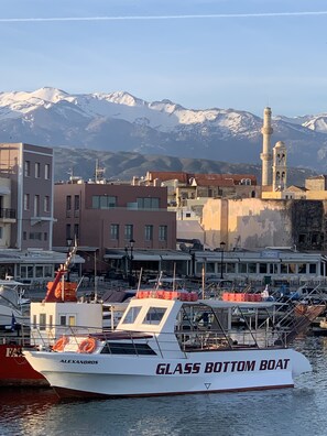 Un port de plaisance avec des bateaux amarrés, un bateau à fond de verre particulièrement remarquable baptisé « GLASS BOTTOM BOAT », et un paysage en arrière-plan composé de montagnes et de bâtiments.