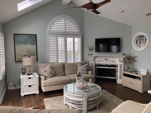 Smart TV, chimenea, reproductor de DVD y libros 