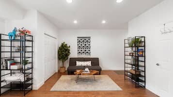 Smart-tv, een open haard, een dvd-speler en boeken