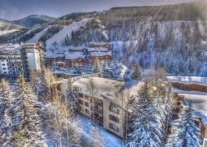 A snow-covered resort with multiple buildings, including a lodge and a hotel, surrounded by trees and a ski slope.
