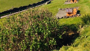 A coastal landscape with a stone wall, a white building, and a small structure with a thatched roof. - Harbour View Snug Apartment | Spectacular Sea Views | Sleeps 2–4 (Caherdaniel)