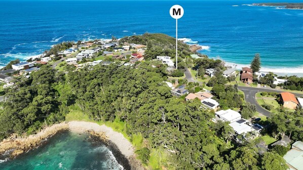 Vista aérea de una zona residencial costera con casas, abundante vegetación y una vista despejada del océano.