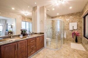 Hair dryer, towels, soap, shampoo
