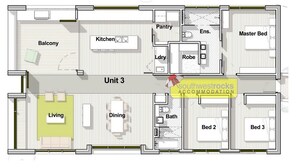 A floor plan of a hotel unit with a balcony, kitchen, dining area, living room, master bedroom, and three guest bedrooms. - Waterford Apartment 3 (South West Rocks)