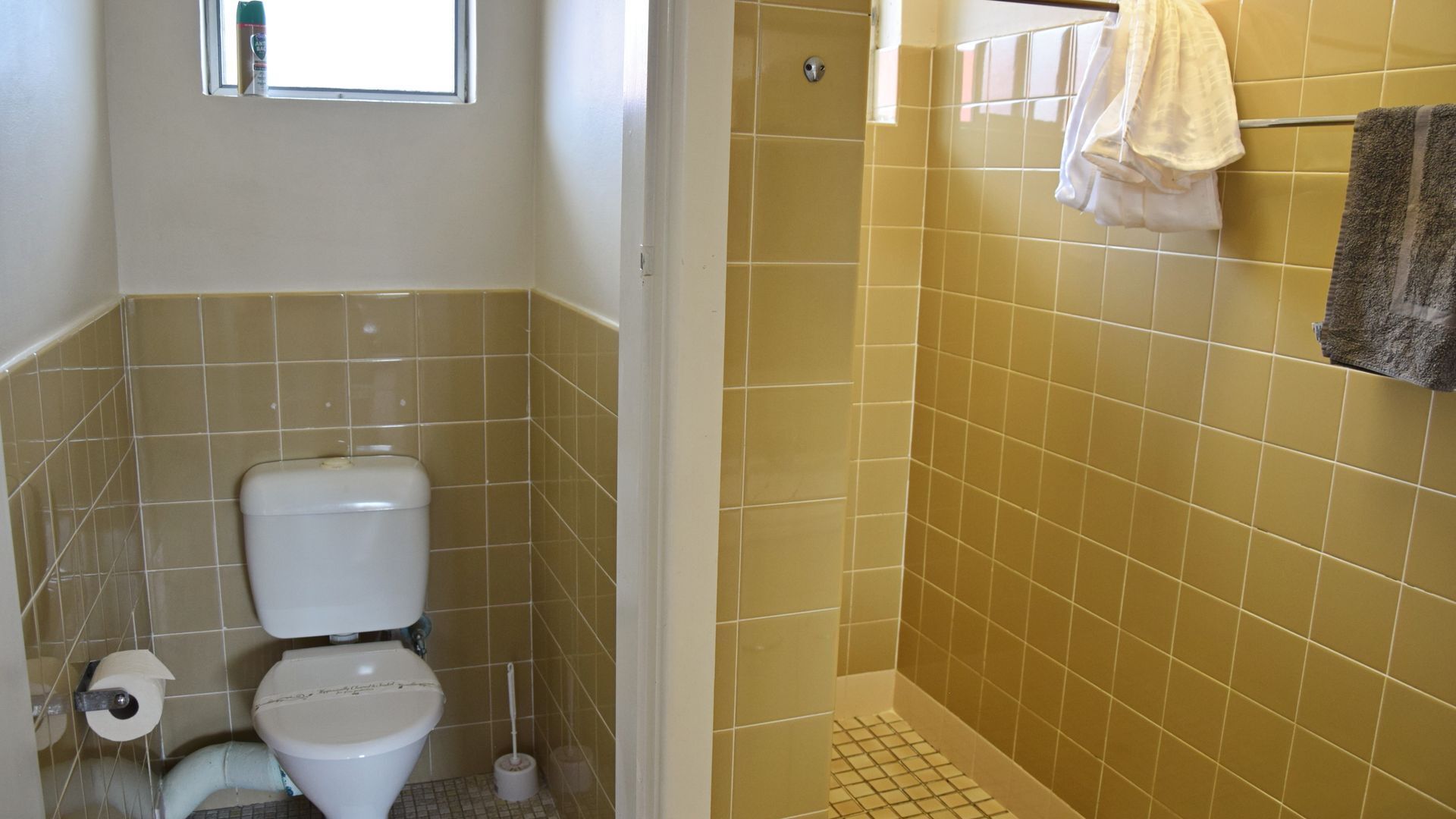 A bathroom with a toilet, a shower, and a towel rack.