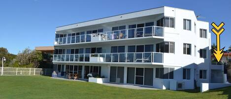 A modern multi-story building with balconies, large windows, and a flat roof.